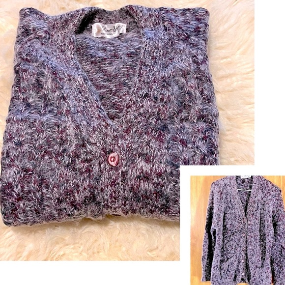 100% Wool Purple/ Gray Cable Knit Thick Soft Cardigan Sweater - Picture 1 of 6